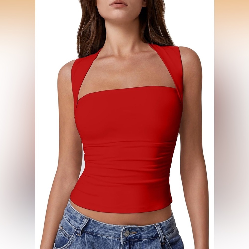 Women Square Neck Tank Tops Side Ruched Double Lined Slim Fit Summer Crop Top S
